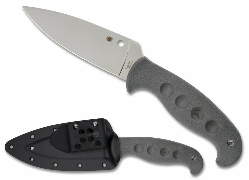 Spyderco Temperance Sprint Run fixed blade knife - shown out of sheath obverse and in sheath obverse.  Satin Cru-Wear steel plain edge blade.  Gray FRN handle.  Model FB05PGY.

