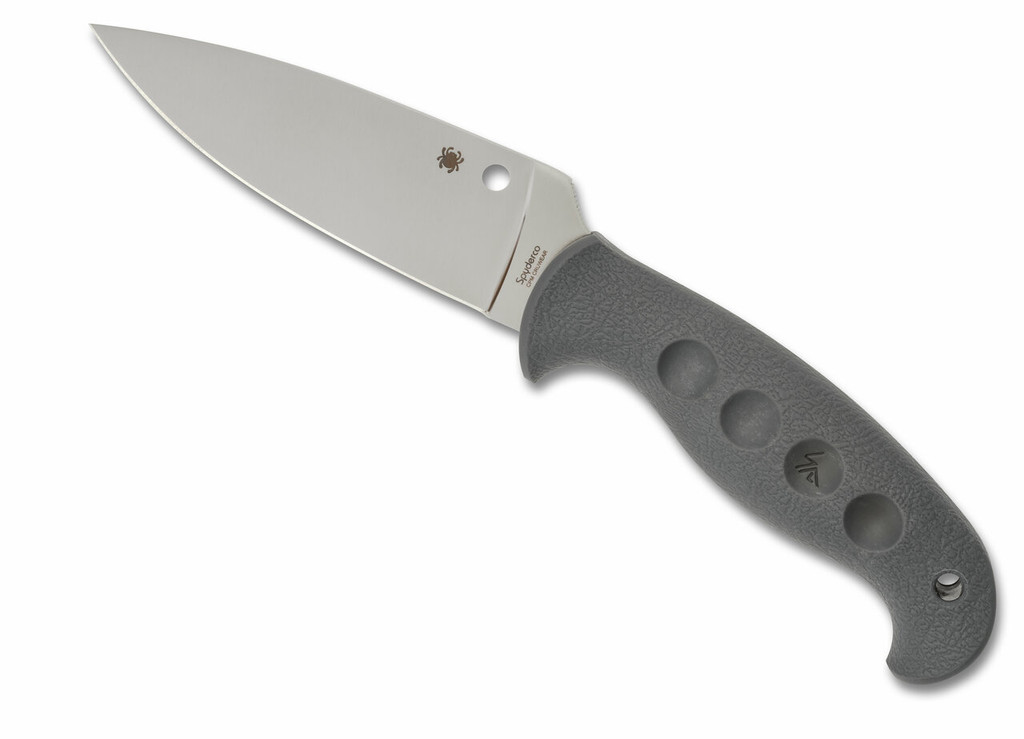 Spyderco Temperance Sprint Run fixed blade knife - shown out of sheath obverse.  Satin Cru-Wear steel plain edge blade.  Gray FRN handle.  Model FB05PGY.
