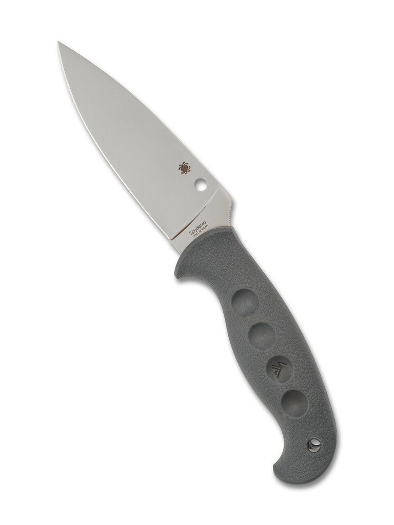Spyderco Temperance Sprint Run fixed blade knife - shown out of sheath obverse.  Satin Cru-Wear steel plain edge blade.  Gray FRN handle.  Model FB05PGY.
