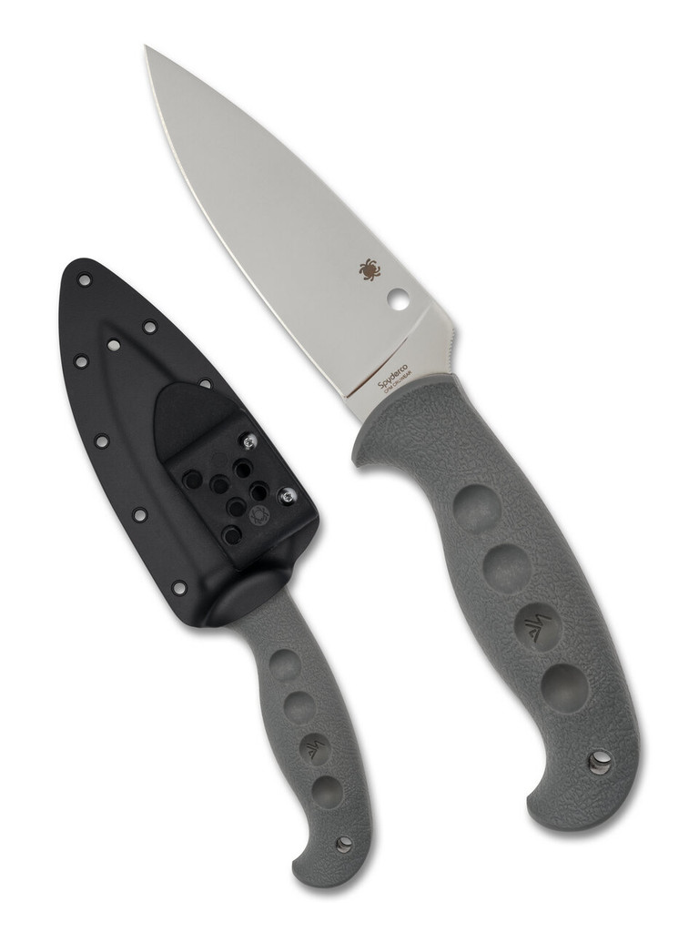 Spyderco Temperance Sprint Run fixed blade knife - shown out of sheath obverse and in sheath obverse.  Satin Cru-Wear steel plain edge blade.  Gray FRN handle.  Model FB05PGY.
