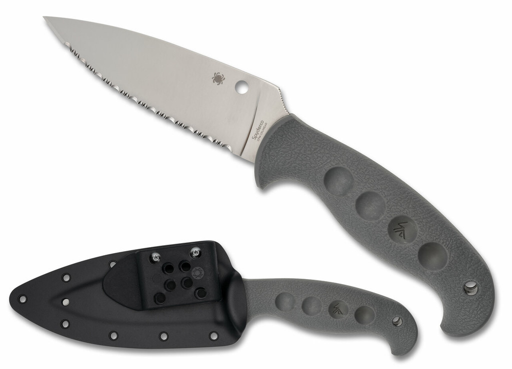 Spyderco Temperance Sprint Run fixed blade knife - shown out of sheath obverse and in sheath obverse.  Satin Cru-Wear steel serrated edge blade.  Gray FRN handle.  Model FB05SGY.
