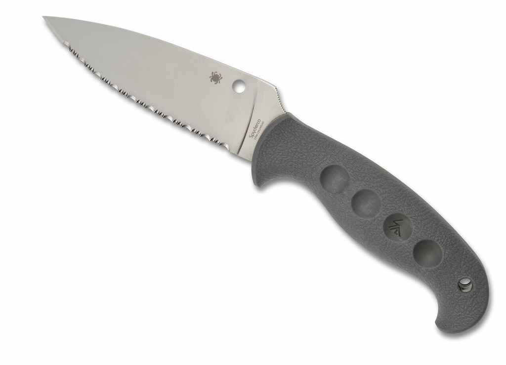 Spyderco Temperance Sprint Run fixed blade knife - shown out of sheath obverse.  Satin Cru-Wear steel serrated edge blade.  Gray FRN handle.  Model FB05SGY.