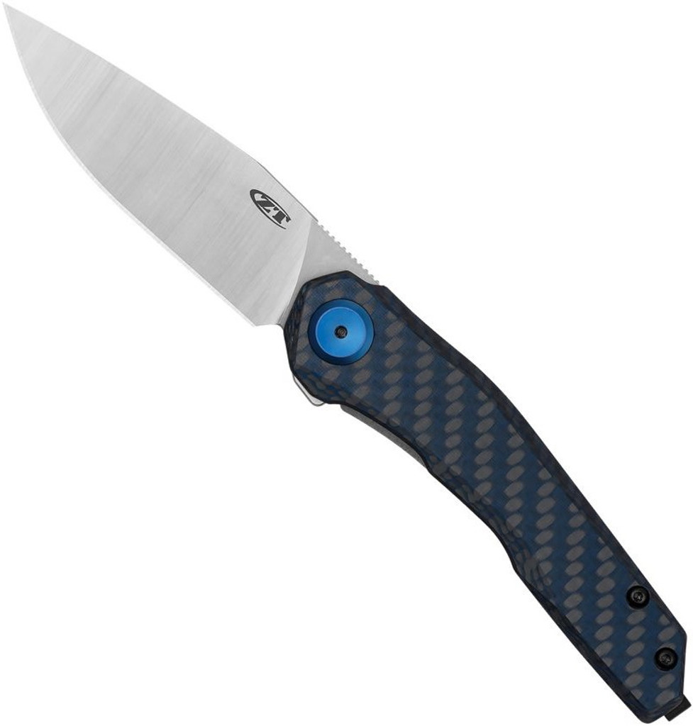 Zero Tolerance 0545BLUCF folding knife with flipper tap - open - logo side.  Satin 3.2" MagnaCut stainless steel plain edge blade.  Black carbon fiber with blue weave handle with a titanium lock side.  Model 0545BLUCF.