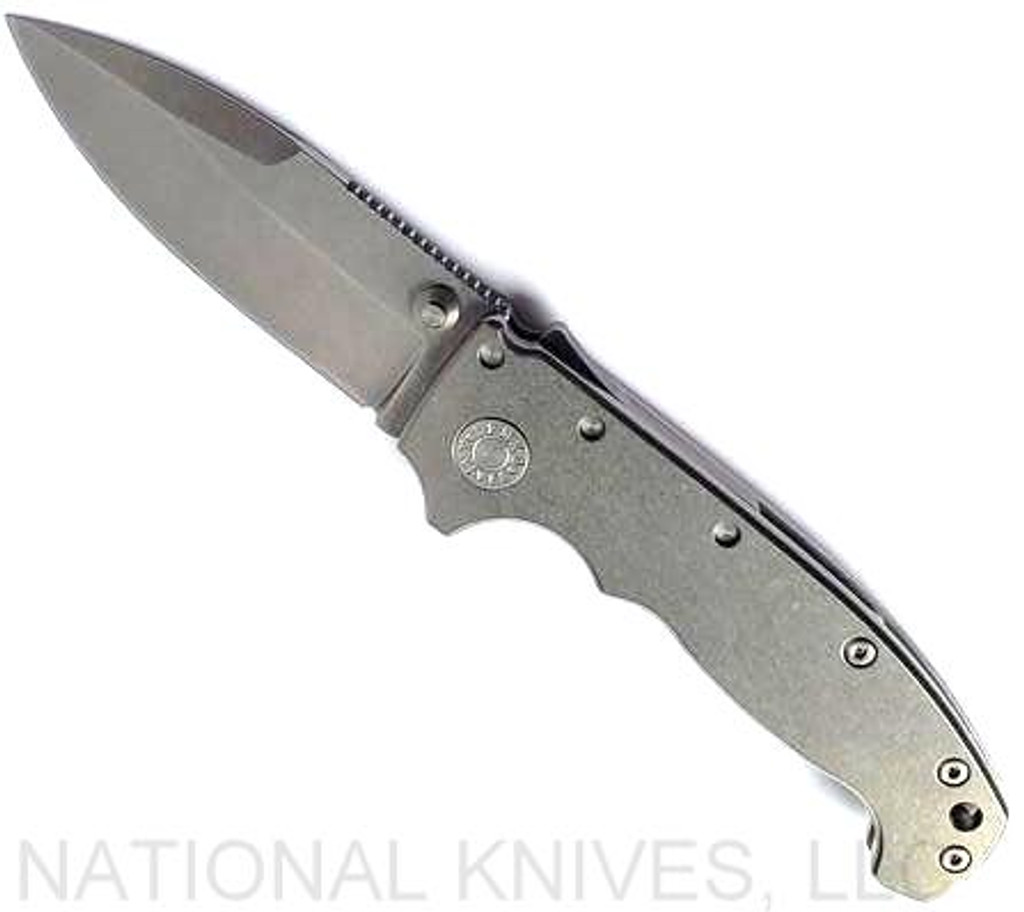 Demko Knives National Knives, LLC Exclusive MG AD-20 spear point folding knife with thumb stud - shown open presentation side.  Stonewash MagnaCut stainless steel plain edge blade.  Smooth titanium handle.
