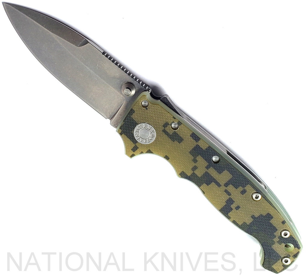 Demko Knives National Knives, LLC Exclusive MG AD-20 spear point folding knife with thumb stud - shown open presentation side.  Stonewash MagnaCut stainless steel plain edge blade.  Camo #1 G-10 handle.