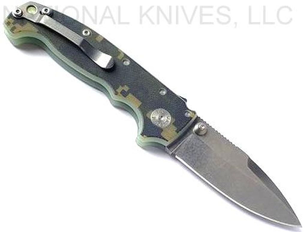 Demko Knives National Knives, LLC Exclusive MG AD-20 spear point folding knife with thumb stud - shown open pocket clip side.  Stonewash MagnaCut stainless steel plain edge blade.  Camo #1 G-10 handle.
