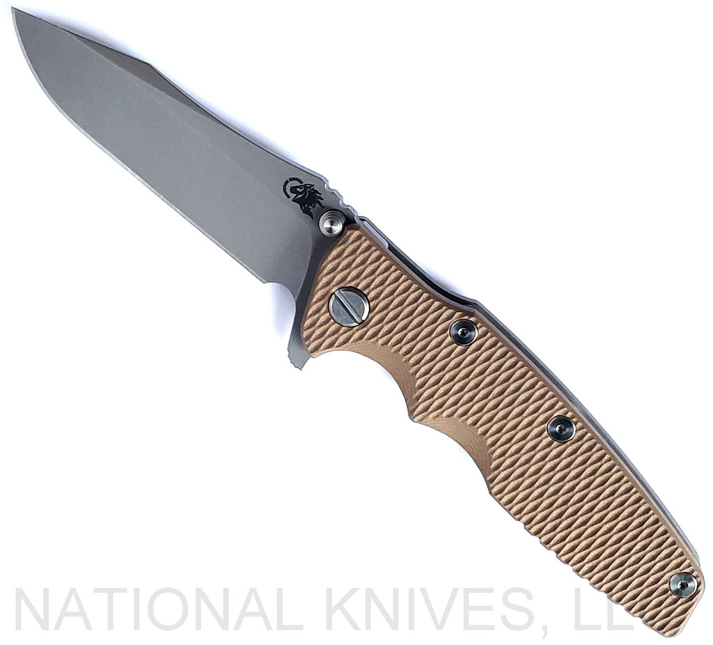 Rick Hinderer Knives Eklipse Spear Point folding knife with flipper tab and thumb stud - shown open presentation side.  Working Finish S45VN stainless steel plain edge blade.  FDE G-10 handle with Working Finish lock side.  Model KEK35SPE.
