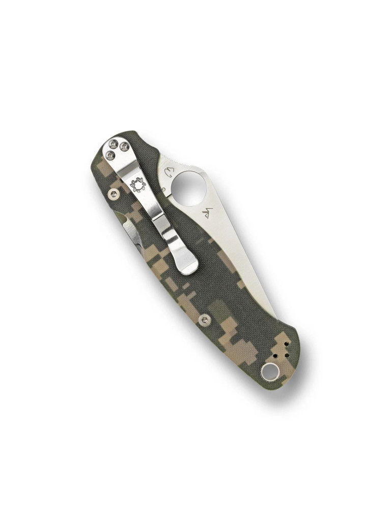 Spyderco Paramilitary 2 folding knife with thumb hole - shown closed pocket clip side.  Satin S45VN stainless steel plain edge blade.  Digi Camo G-10 handle.  Model C81GPCMO2.