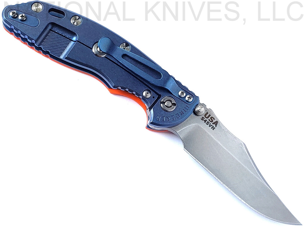 Rick Hinderer Knives Non Flipper XM-18 3.5" Bowie folding knife with thumb stud - shown open lock side.  Stonewash S45VN stainless steel plain edge blade.  Orange G-10 handle with stonewash blue lock side.  Model KXM35NFBOW.