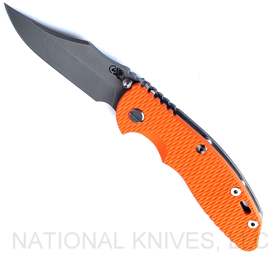 Rick Hinderer Knives Non Flipper XM-18 3.5" Bowie folding knife with thumb stud - shown open presentation side.  Working Finish S45VN stainless steel plain edge blade.  Orange G-10 handle with Working Finish lock side.  Model KXM35NFBOW.
