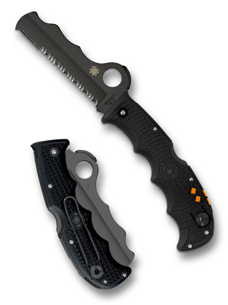 Spyderco Assist Rescue folding knife with thumb hole - shown open presentation side and closed pocket clip side.  Black VG-10 stainless steel combo edge blade.  Black FRN handle.  Model C79PSBBK.