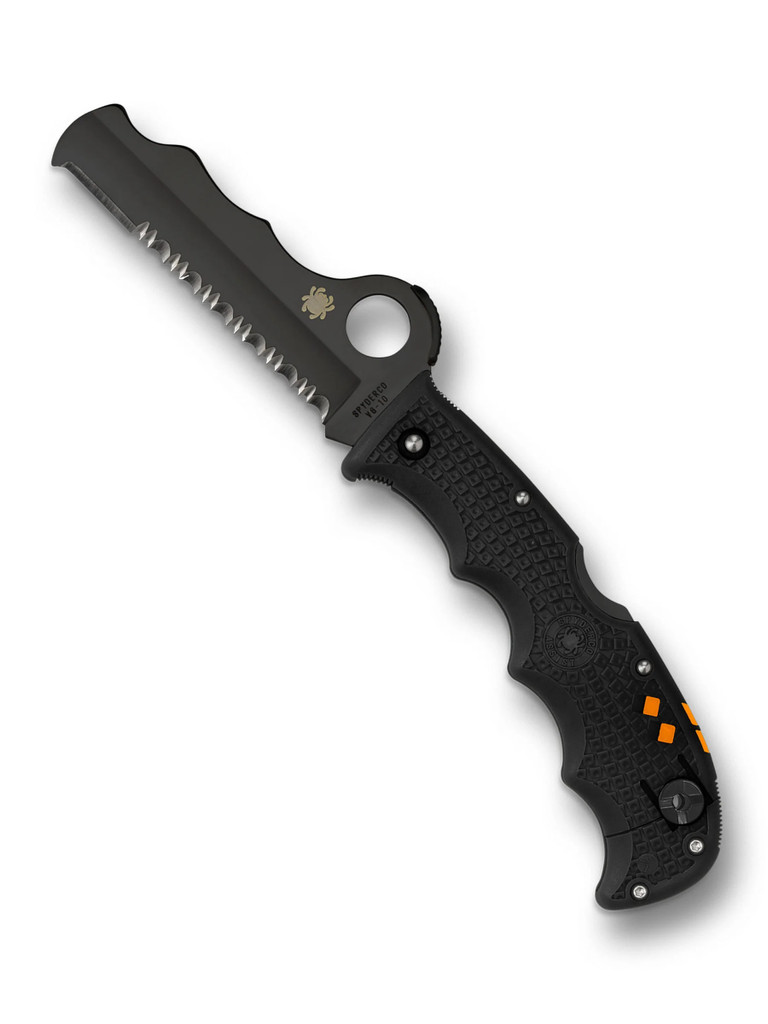 Spyderco Assist Rescue folding knife with thumb hole - shown open presentation side.  Black VG-10 stainless steel combo edge blade.  Black FRN handle.  Model C79PSBBK.