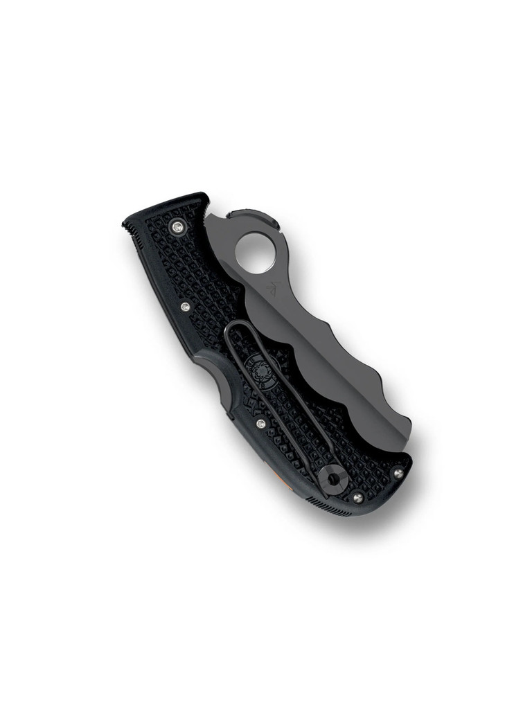 Spyderco Assist Rescue folding knife with thumb hole - shown closed pocket clip side.  Black VG-10 stainless steel combo edge blade.  Black FRN handle.  Model C79PSBBK.