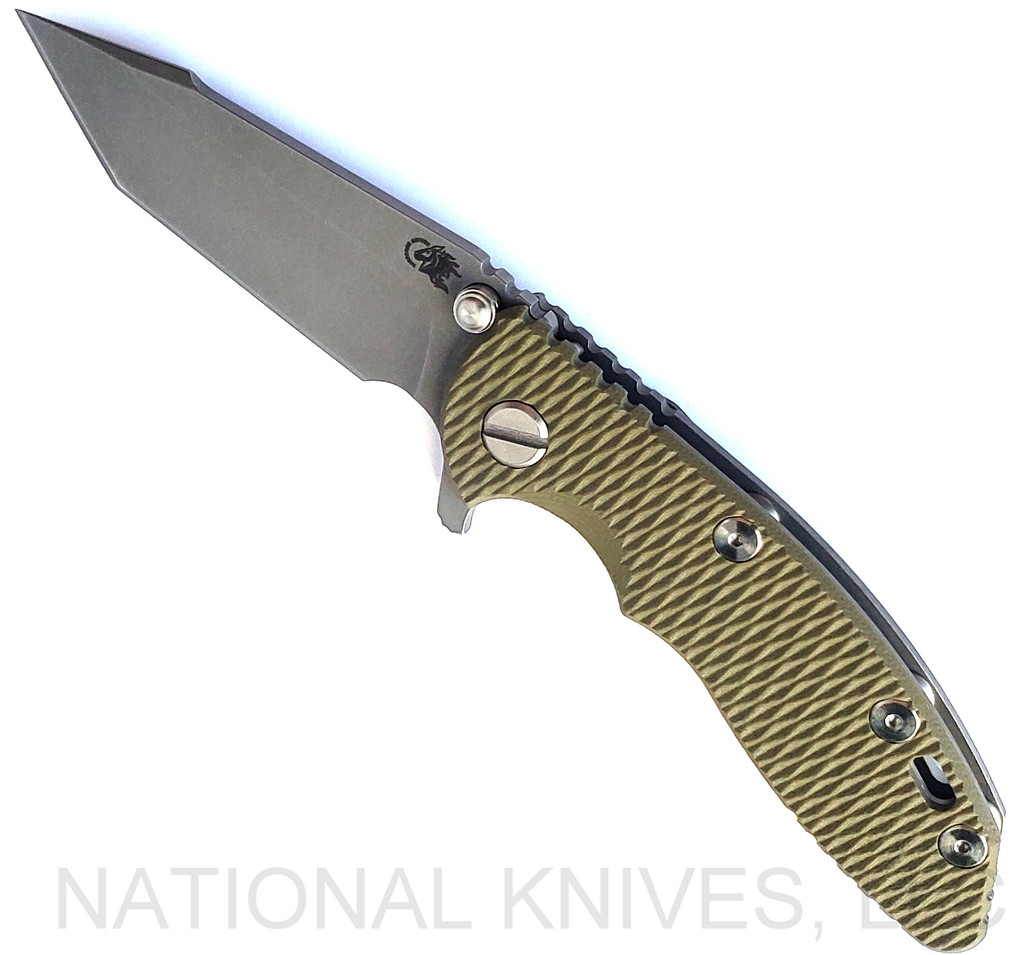 Rick Hinderer Knives XM-18 3.0" Harpoon Tanto folding knife with thumb stud and flipper tab - shown open presentation side.  Working Finish S45VN stainless steel plain edge blade.  OD green G-10 handle with Working Finish lock side.  Model KXM3000HT.