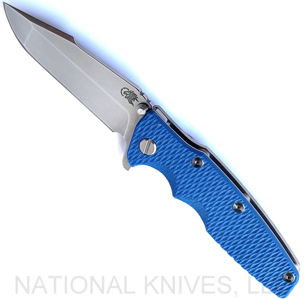 Rick Hinderer Knives Eklipse Harpoon Spanto folding knife with flipper tab and thumb stud - shown open presentation side.  Stonewash S45VN stainless steel plain edge blade.  Blue G-10 handle with stonewash lock side.  Model KEK35HSA.