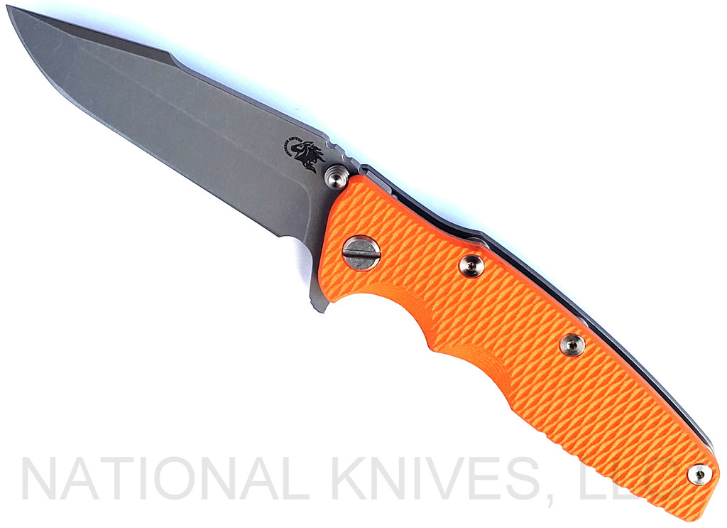 Rick Hinderer Knives Eklipse Harpoon Spanto folding knife with flipper tab and thumb stud - shown open presentation side.  Working Finish S45VN stainless steel plain edge blade.  Orange G-10 handle with Working Finish lock side.  Model KEK35HSA.