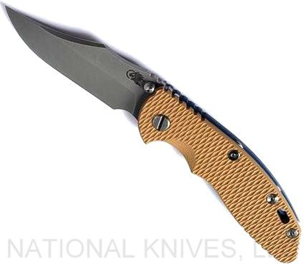 Rick Hinderer Knives Non Flipper XM-18 3.5" Bowie folding knife with thumb stud - shown open presentation side.  Working Finish S45VN stainless steel plain edge blade.  Coyote G-10 handle with Battle Blue lock side.  Model KXM35NFBOW.