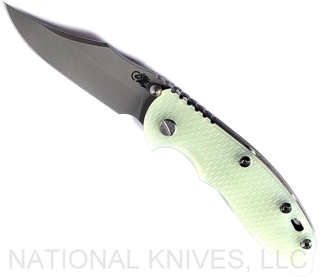 Rick Hinderer Knives Non Flipper XM-18 3.5" Bowie folding knife with thumb stud - shown open presentation side.  Working Finish S45VN stainless steel plain edge blade.  Translucent Green G-10 handle with Working Finish lock side.  Model KXM35NFBOW.
