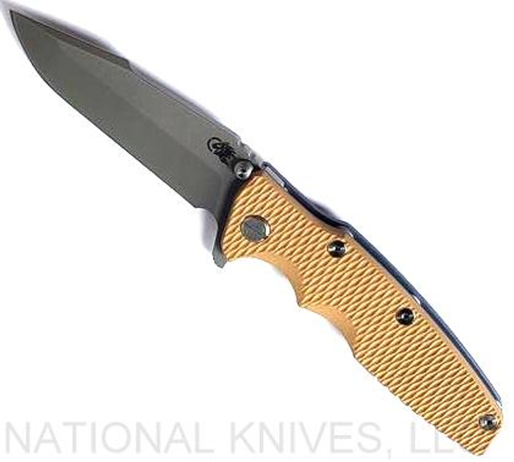 Rick Hinderer Knives Eklipse Harpoon Spanto folding knife with flipper tab and thumb stud - shown open presentation side.  Working Finish S45VN stainless steel plain edge blade.  Coyote G-10 handle with Battle Blue lock side.  Model KEK35HSA.
