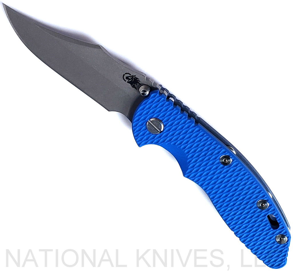 Rick Hinderer Knives Non Flipper XM-18 3.5" Bowie folding knife with thumb stud - shown open presentation side.  Working Finish S45VN stainless steel plain edge blade.  Blue G-10 handle with Battle Blue lock side.  Model KXM35NFBOW.