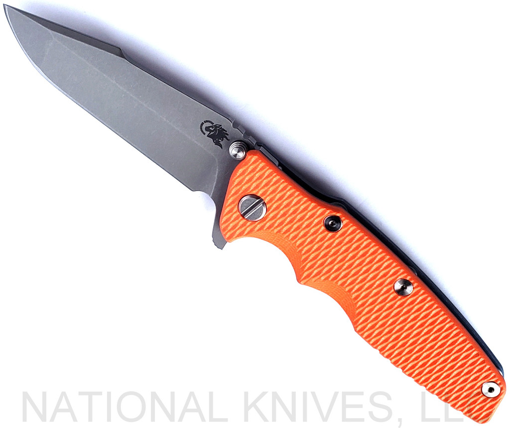 Rick Hinderer Knives Eklipse Harpoon Spanto folding knife with flipper tab and thumb stud - shown open presentation side.  Working Finish S45VN stainless steel plain edge blade.  Orange G-10 handle with Battle Blue lock side.  Model KEK35HSA.