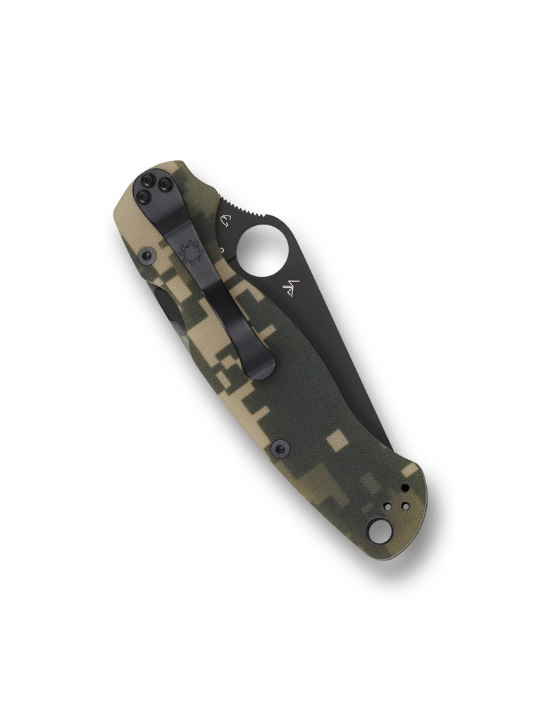 Spyderco Paramilitary 2 folding knife with thumb hole - shown closed pocket clip side.  Black S45VN stainless steel plain edge blade.  Digi Camo G-10 handle.  Model C81GPCMOBK2.
