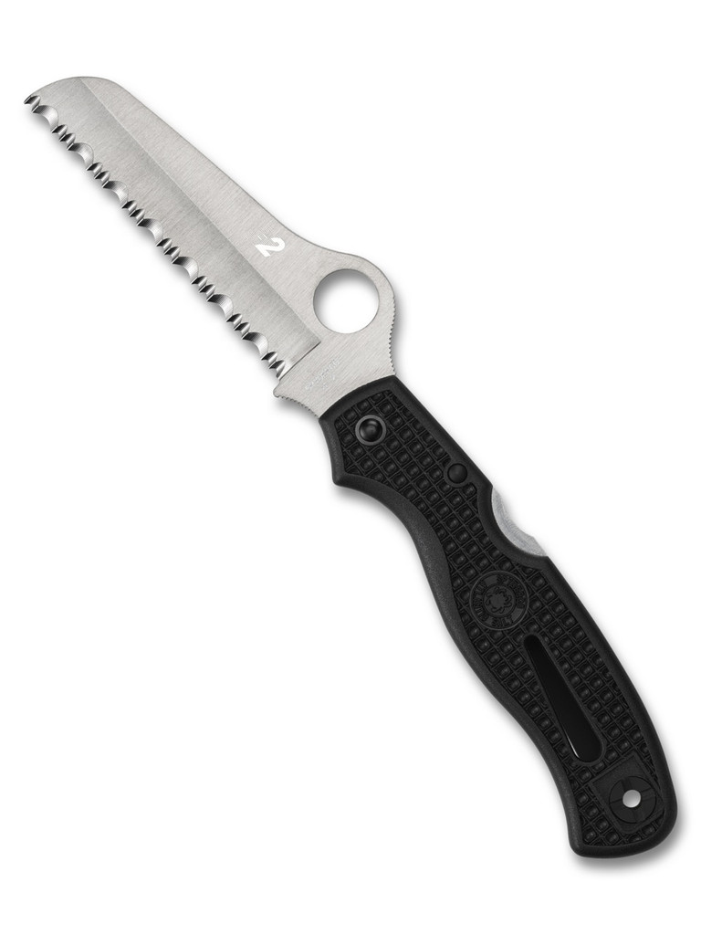 Spyderco Atlantic Salt folding knife with thumb hole - shown open presentation side.  Satin H-2 stainless steel serrated edge blade.  Black FRN handle. Model C89SBK.