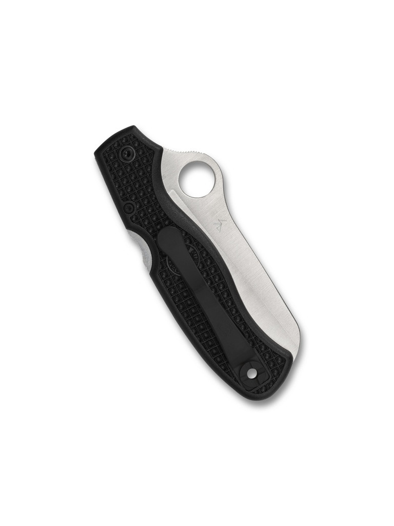 Spyderco Atlantic Salt folding knife with thumb hole - shown closed pocket clip side.  Satin H-2 stainless steel serrated edge blade.  Black FRN handle. Model C89SBK.