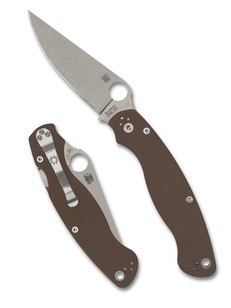 Spyderco Military 2 Sprint Run folding knife with thumb hole - shown open presentation side and closed pocket clip side.  Stonewash 15V steel plain edge blade.  Brown G-10 handle.  Model C36GPBN15V2.