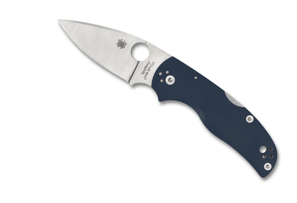 Spyderco Native 5 folding knife with thumb hole - shown open presentation side.  Satin SPY27 stainless steel plain edge blade.  Cobalt Blue G-10 handle.  Model C41GPCBL5.
