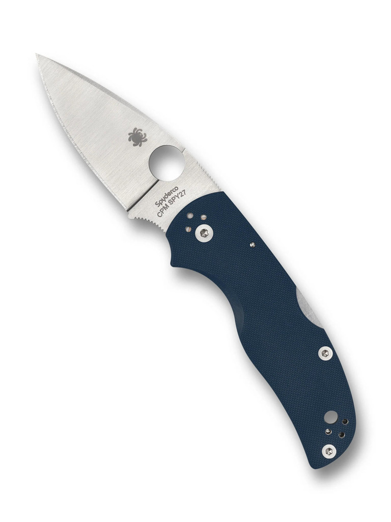 Spyderco Native 5 folding knife with thumb hole - shown open presentation side.  Satin SPY27 stainless steel plain edge blade.  Cobalt Blue G-10 handle.  Model C41GPCBL5.