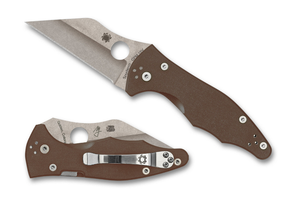 Spyderco Yojimbo 2 Sprint Run folding knife with thumb hole - shown open presentation side and closed pocket clip side.  Stonewash 15V steel plain edge blade.  Brown G-10 handle. Model C85GPBN15V2.