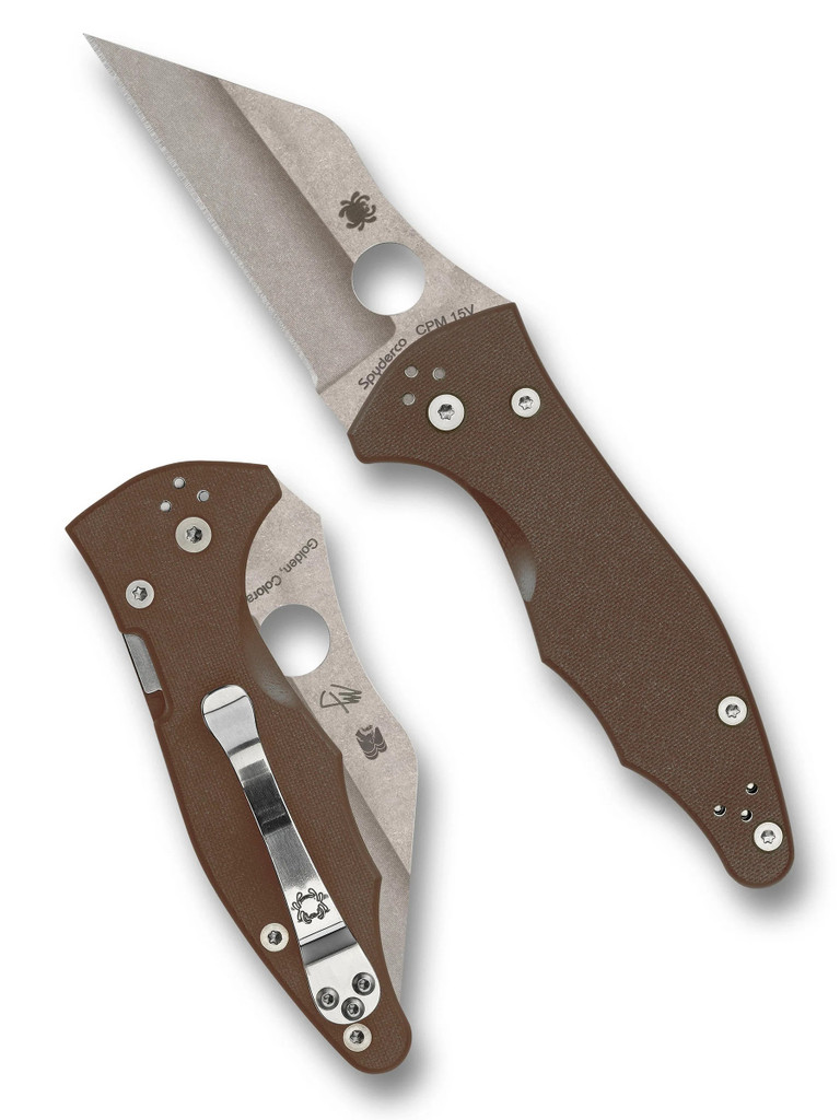 Spyderco Yojimbo 2 Sprint Run folding knife with thumb hole - shown open presentation side and closed pocket clip side.  Stonewash 15V steel plain edge blade.  Brown G-10 handle. Model C85GPBN15V2.