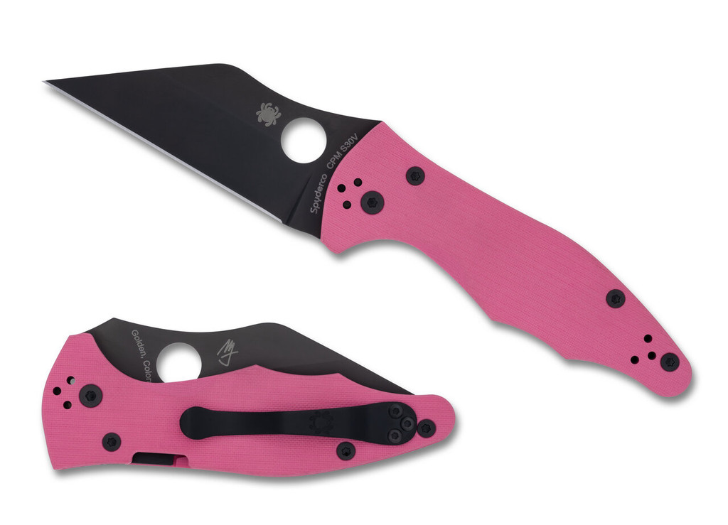 Spyderco Yojimbo 2 Sprint Run folding knife with thumb hole - shown open presentation side and closed pocket clip side.  Black S30V stainless steel plain edge blade.  Pink G-10 handle. Model C85GPNBKP2.
