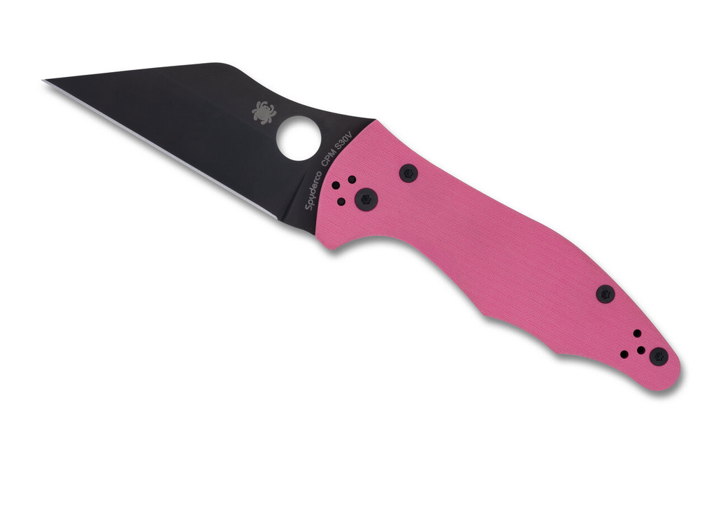 Spyderco Yojimbo 2 Sprint Run folding knife with thumb hole - shown open presentation side.  Black S30V stainless steel plain edge blade.  Pink G-10 handle. Model C85GPNBKP2.