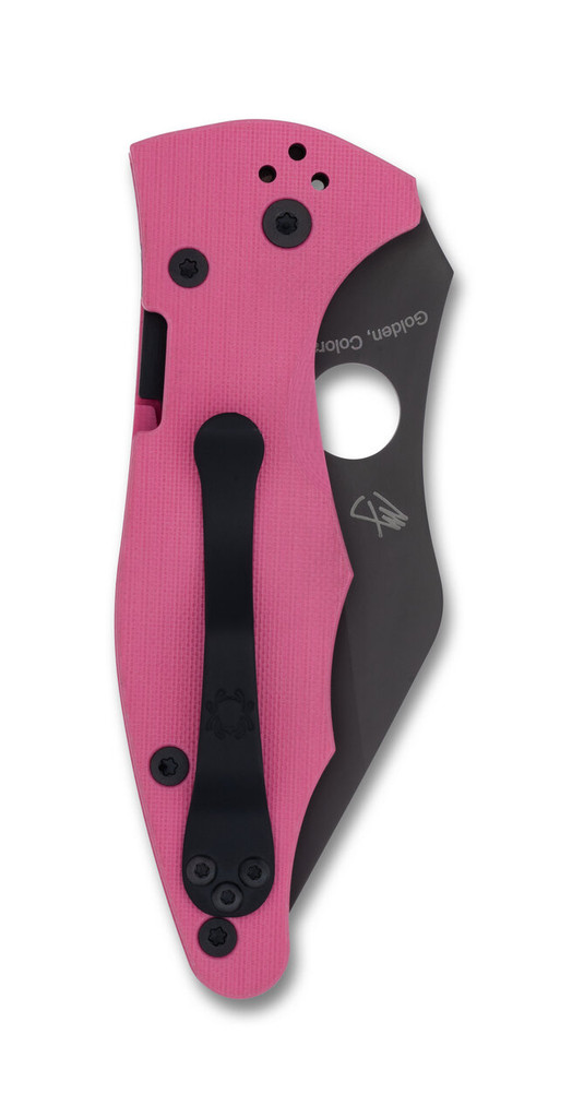 Spyderco Yojimbo 2 Sprint Run folding knife with thumb hole - shown closed pocket clip side.  Black S30V stainless steel plain edge blade.  Pink G-10 handle. Model C85GPNBKP2.
