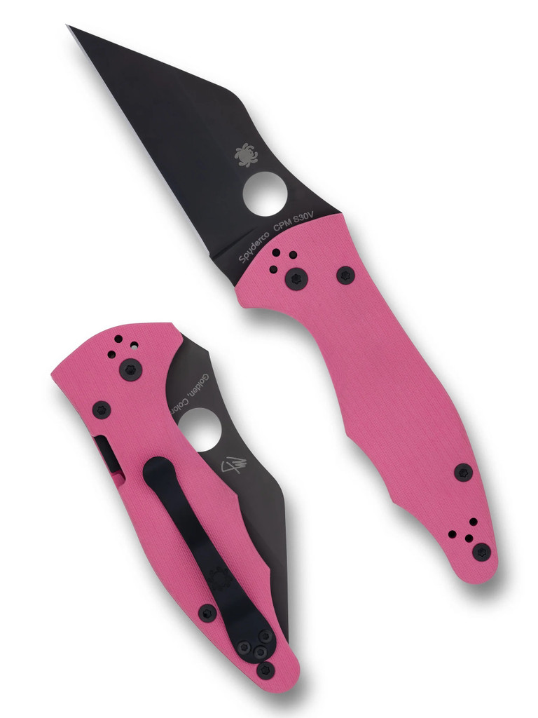 Spyderco Yojimbo 2 Sprint Run folding knife with thumb hole - shown open presentation side and closed pocket clip side.  Black S30V stainless steel plain edge blade.  Pink G-10 handle. Model C85GPNBKP2.