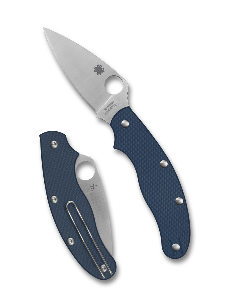 Spyderco UKPK folding knife with thumb hole - shown open presentation side and closed pocket clip side.  Satin SPY27 stainless steel plain edge blade. Cobalt Blue G-10 handle.  Model C94GPCBL.