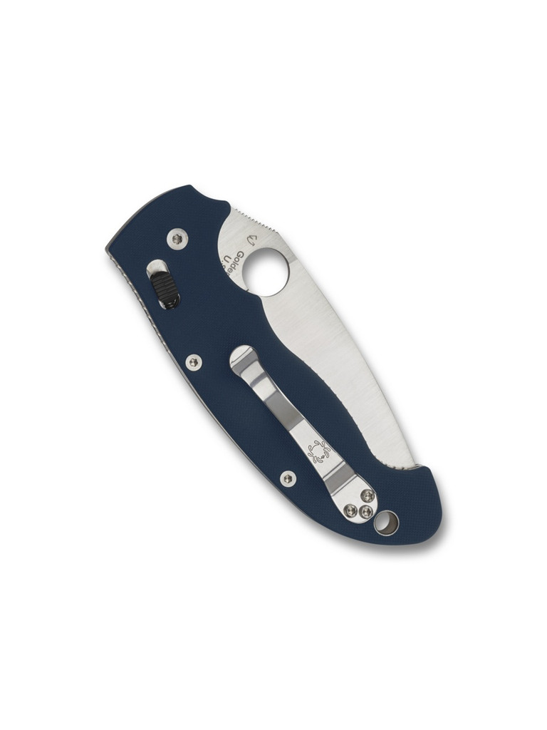 Spyderco Manix 2 XL folding knife with thumb hole - shown open presentation side.  Satin SPY27 stainless steel plain edge blade. Cobalt Blue G-10 handle.  Model C95GPCBL2.