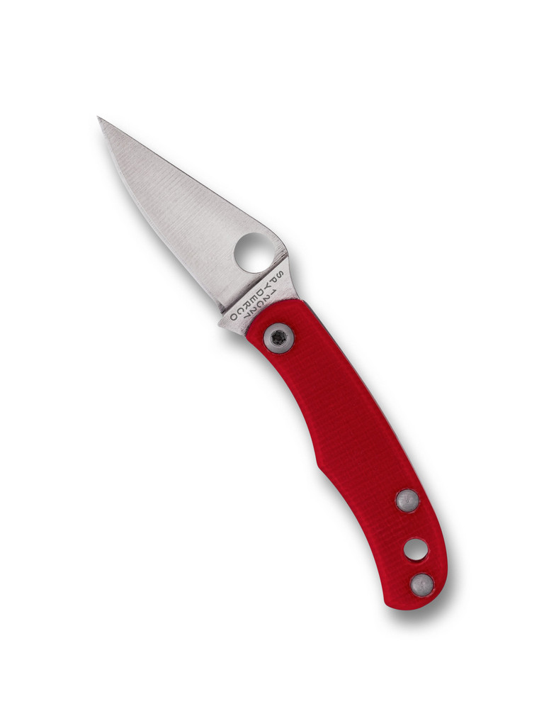 Spyderco Bug folding knife with thumb hole - shown open obverse.  Satin 12c27 stainless steel plain edge blade.  Red G-10 handle.  Model C133GRDP.
