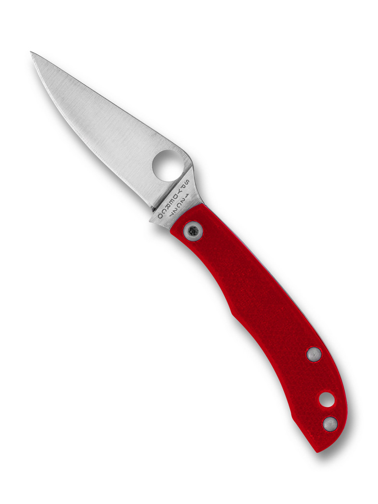 Spyderco Honeybee folding knife with thumb hole - shown open obverse.  Satin 12c27 stainless steel plain edge blade.  Red G-10 handle.  Model C137GRDP.