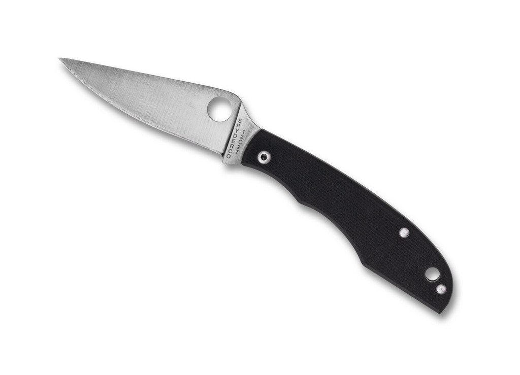 Spyderco Grasshopper folding knife with thumb hole - shown open obverse.  Satin 12c27 stainless steel plain edge blade.  Black G-10 handle.  Model C137GBKP.