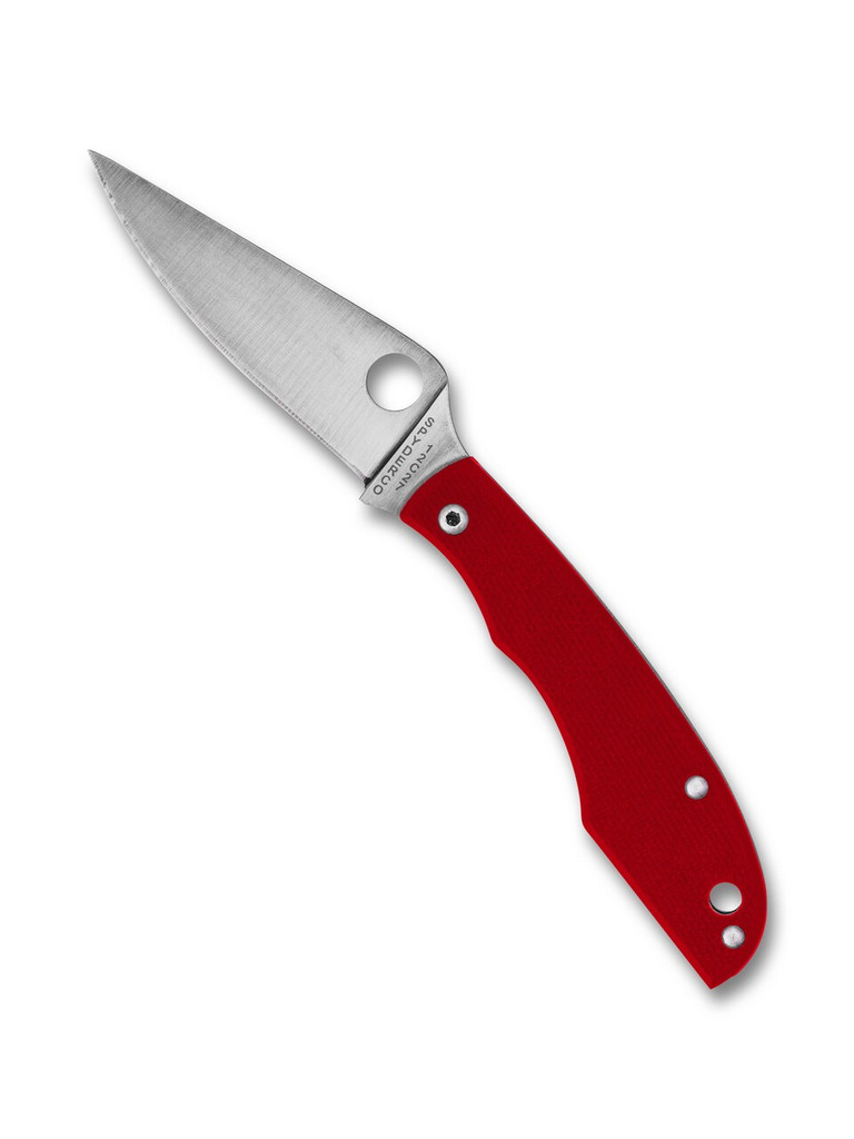 Spyderco Grasshopper folding knife with thumb hole - shown open obverse.  Satin 12c27 stainless steel plain edge blade.  Red G-10 handle.  Model C137GRDP.