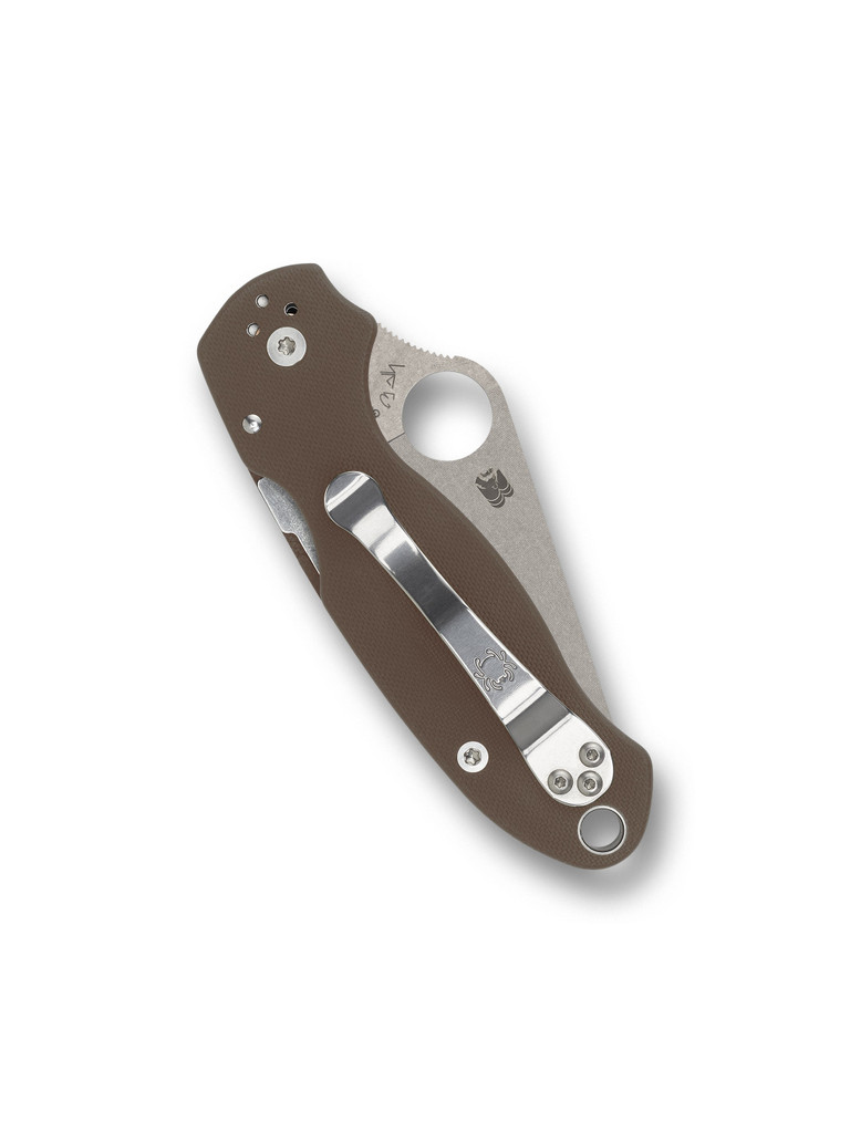Spyderco Para 3 Sprint Run folding knife with thumb hole - shown closed pocket clip side.  CPM-15V steel plain edge blade. Brown G-10 handle.  Model C223GPBN15V.