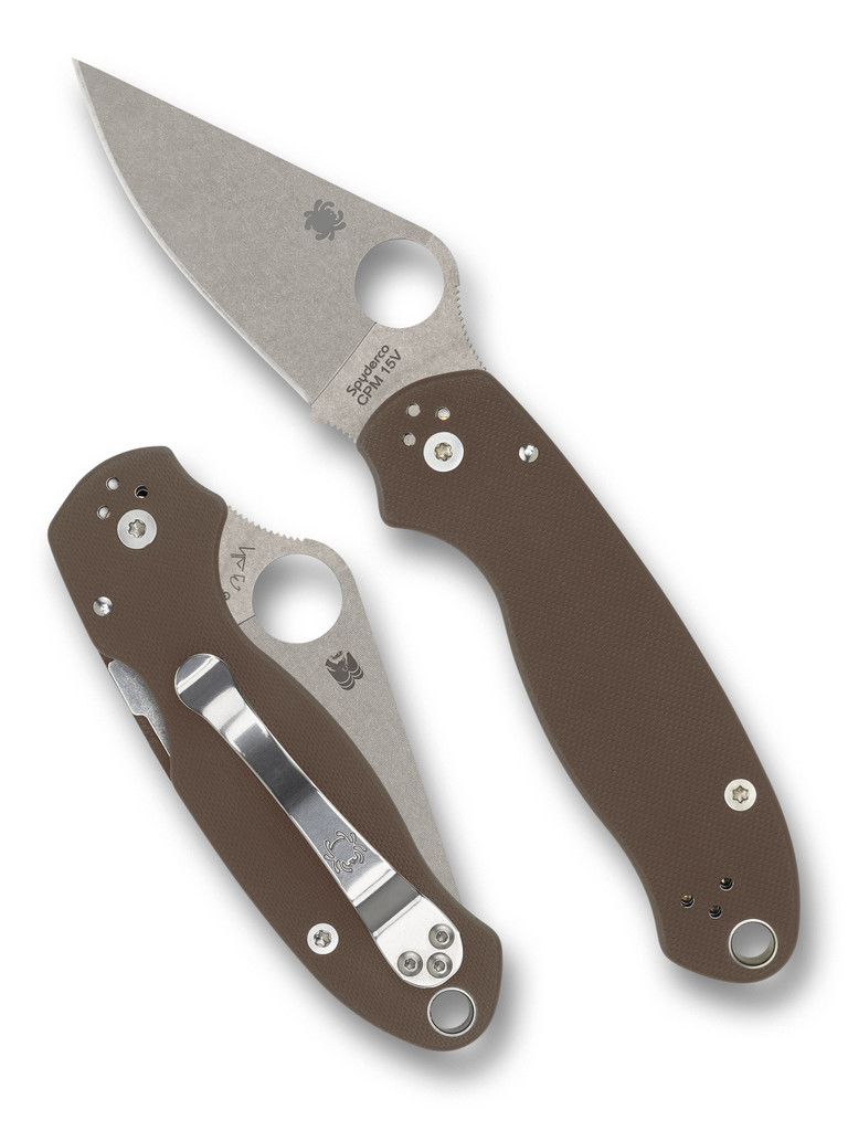 Spyderco Para 3 Sprint Run folding knife with thumb hole - shown open presentation side and closed pocket clip side.  CPM-15V steel plain edge blade. Brown G-10 handle.  Model C223GPBN15V.