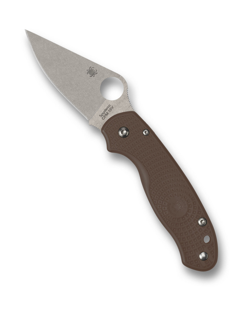 Spyderco Para 3 Sprint Run folding knife with thumb hole - shown open presentation side.  Stonewash 15V steel plain edge blade.  Brown FRN handle.  Model C223PBN15V.
For reference only.