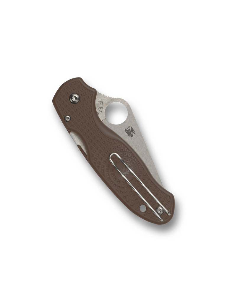 Spyderco Para 3 Sprint Run folding knife with thumb hole - shown closed pocket clip side.  Stonewash 15V steel plain edge blade.  Brown FRN handle.  Model C223PBN15V.
For reference only.