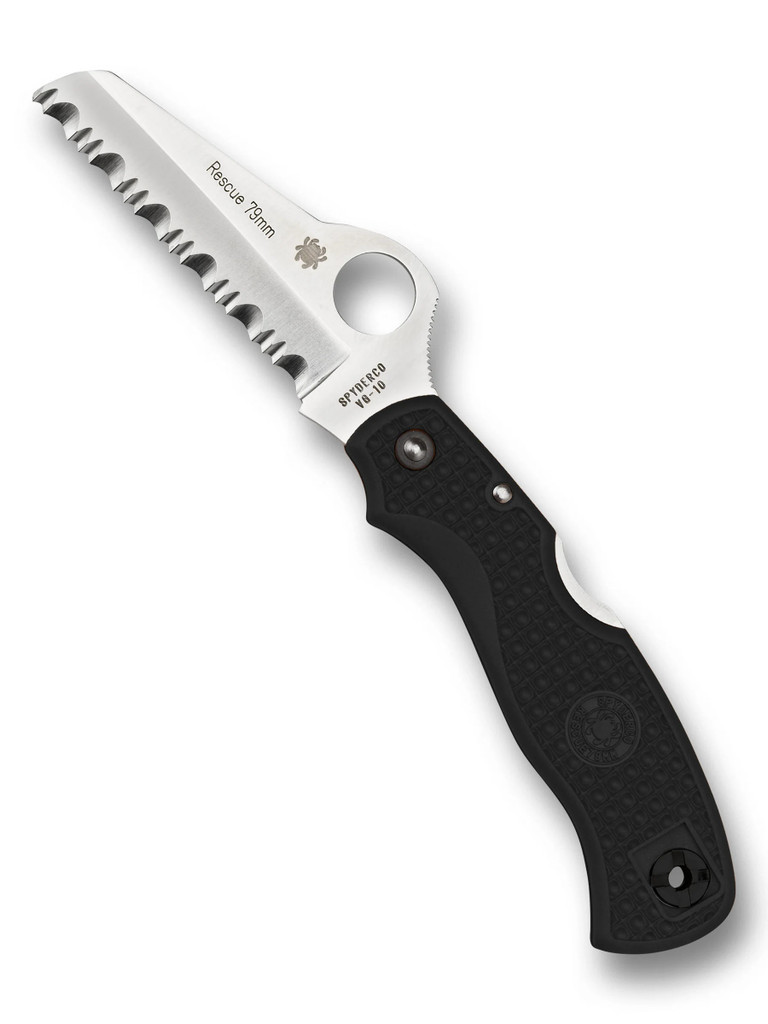 Spyderco Rescue 79mm folding knife with thumb hole - shown open presentation side.  Satin VG-10 stainless steel serrated edge blade.  Black FRN handle.  Model C45SBK.