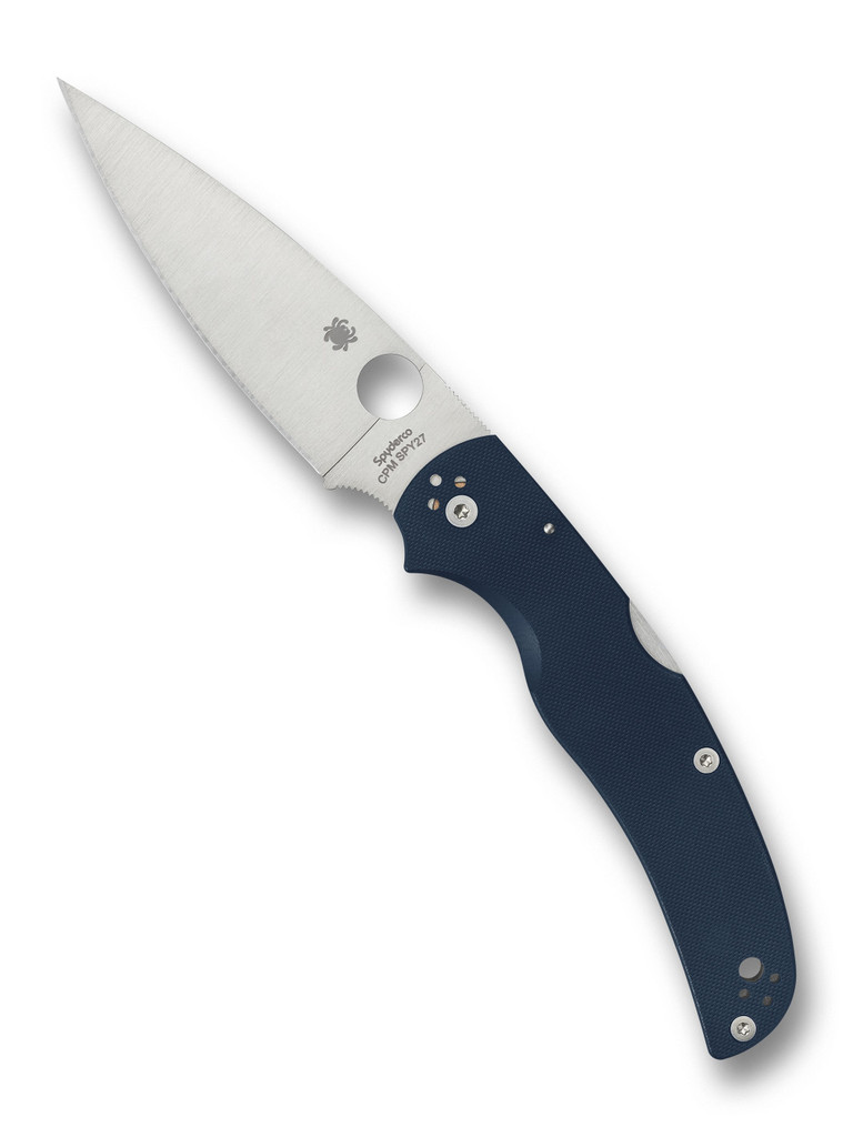 Spyderco Native Chief folding knife with thumb hole - shown open presentation side.  Satin SPY27 stainless steel plain edge blade.  Cobalt Blue G-10 handle.  Model C244GPCBL.