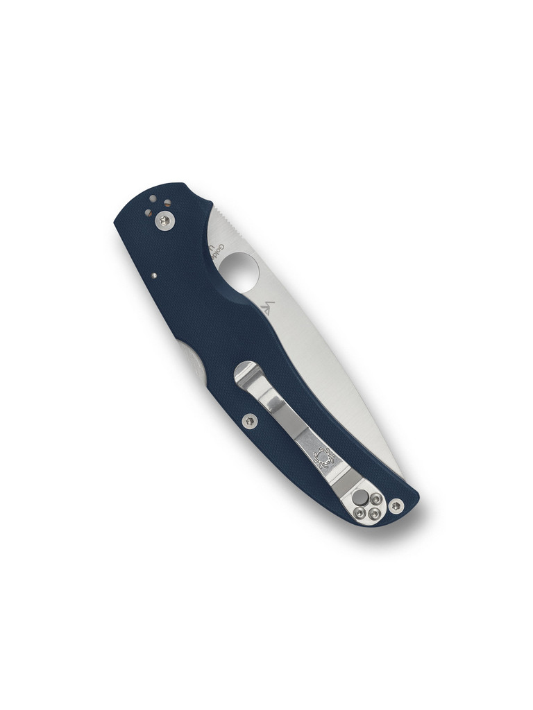 Spyderco Native Chief folding knife with thumb hole - shown closed pocket clip side.  Satin SPY27 stainless steel plain edge blade.  Cobalt Blue G-10 handle.  Model C244GPCBL.
